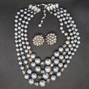 Midcentury Modern 1960s Gray Multi-Strand Faux Pearl Necklace And Earrings JAPAN